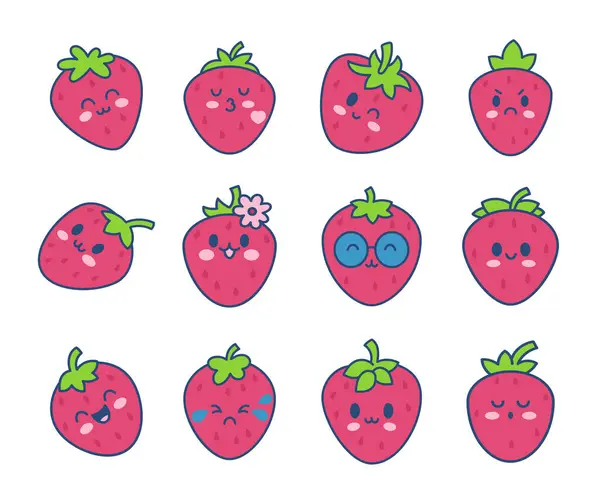 Söt Glad Jordgubbe Karaktär Emoticon Kawaii Tecknad Frukt Handritad Stil — Stock vektor