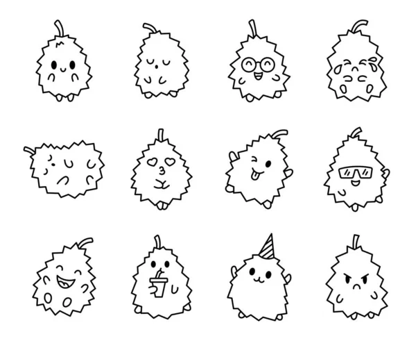 Roztomilý Šťastný Durian Charakter Emoticon Omalovánky Kawaiské Kreslené Ovoce Ručně — Stockový vektor