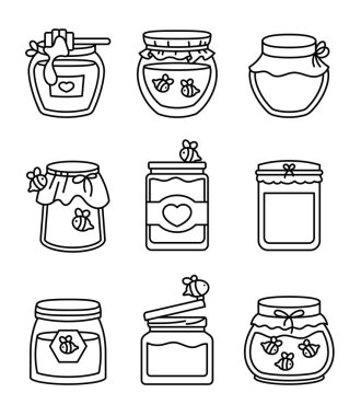 Bal dolu cam kap. Boyama sayfası. Arı ve ahşap bal kovanı. Kavanozu aç El çizimi stili. Vektör çizimi. Tasarım elementlerinin koleksiyonu.