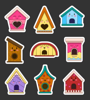 Yüzünde duygu olan şirin çizgi film kuşları evi. Etiket Yer İmi. House kawaii karakterleri kuş için. Bahar ya da sonbahar ortamı. El çizimi stili. Vektör çizimi. Tasarım elementlerinin koleksiyonu.