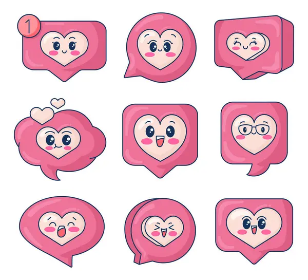 Kawaii Coração Bonito Bolha Fala Mensagens Emoticon Adoro Personagens Desenhos — Vetor de Stock