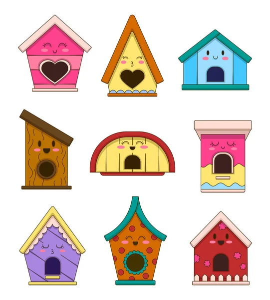 可爱的卡通鸟屋与脸的情感 房子Kawaii字符的鸟 春天或秋天的环境 手绘风格 矢量绘图 设计要素的收集 — 图库矢量图片