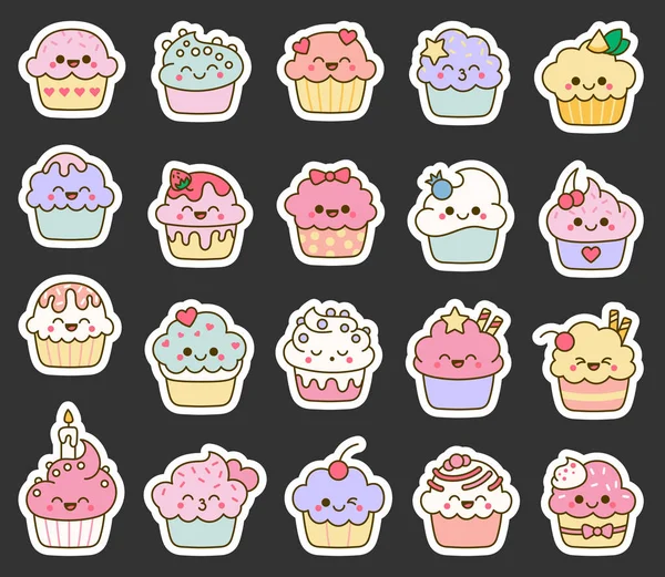 Funny Kawaii Cupcakes Sticker Bookmark Cute Sweet Food Dessert Characters — Stock Vector