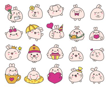 Kawaii tavşanı. Sevimli çizgi film komik evcil bebek karakteri. Gülümseyen hayvan. El çizimi stili. Vektör çizimi. Tasarım elementlerinin koleksiyonu.