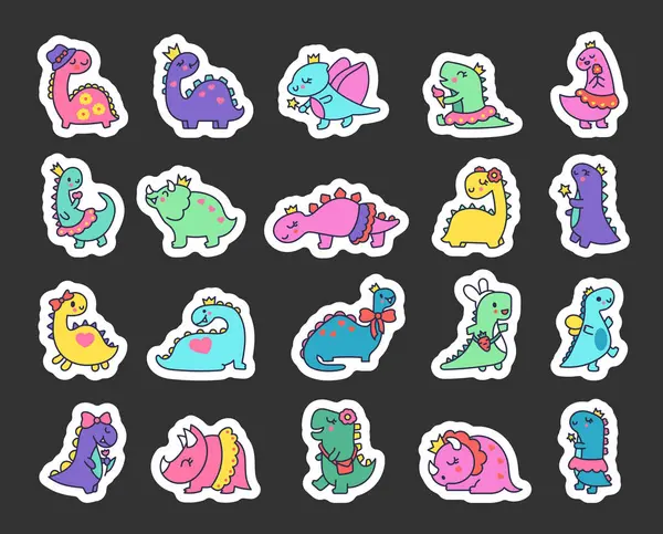 Lustige Süße Mädchen Dinosaurier Sticker Lesezeichen Vorhanden Kawaii Baby Dino — Stockvektor