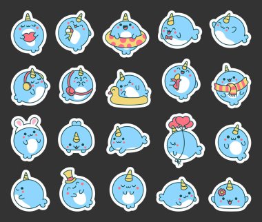 Şirin bebek kawaii balinası. Etiket Yer İmi. Çizgi film deniz canlıları. El çizimi stili. Vektör çizimi. Tasarım elementlerinin koleksiyonu.