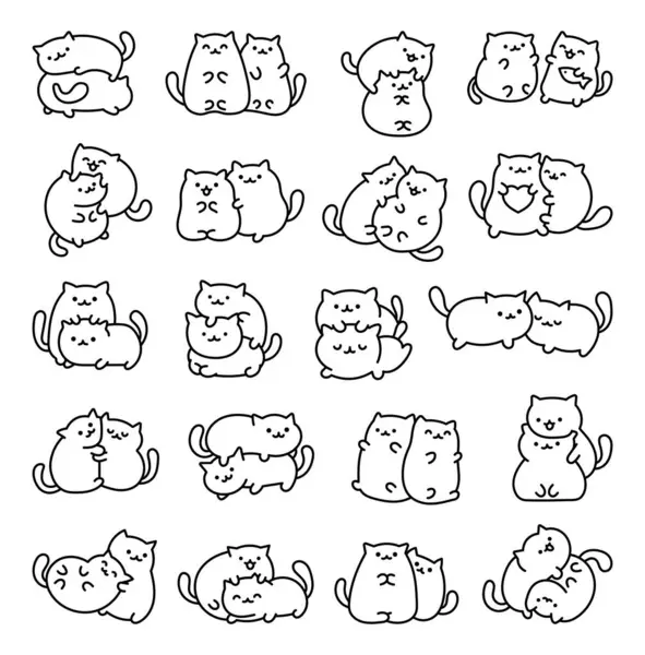 Collection Two Lovely Little Cats Coloring Page Cute Kawaii Twin — Stock Vector