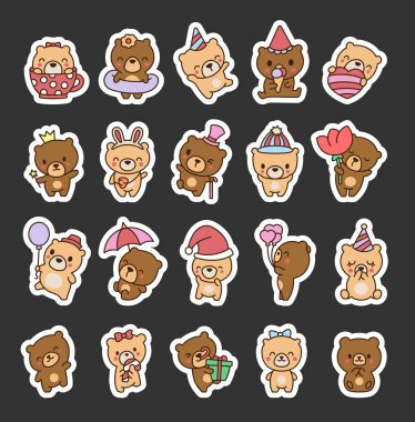 Şirin kawaii oyuncak ayısı. Etiket Yer İmi. Çizgi film komik hayvan karakteri. El çizimi stili. Vektör çizimi. Tasarım elementlerinin koleksiyonu.