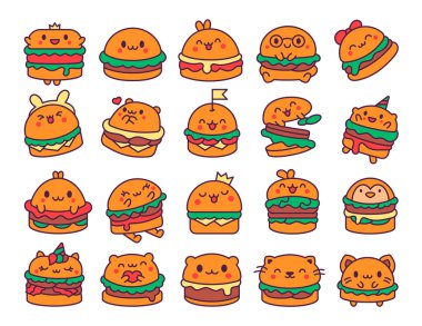 Şirin kawaii hayvan burgeri. Komik yemek. Çizburger çizgi filmi. El çizimi stili. Vektör çizimi. Tasarım elementlerinin koleksiyonu.