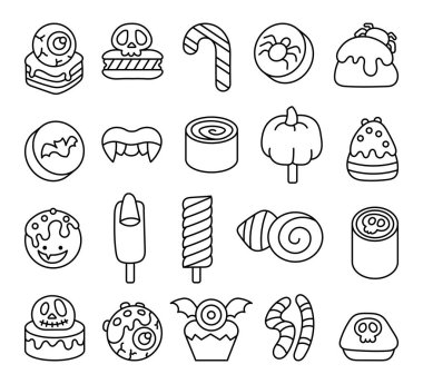 Cadılar Bayramı şekerleri. Boyama sayfası. Parti yemeği. El çizimi stili. Vektör çizimi. Tasarım elementlerinin koleksiyonu.