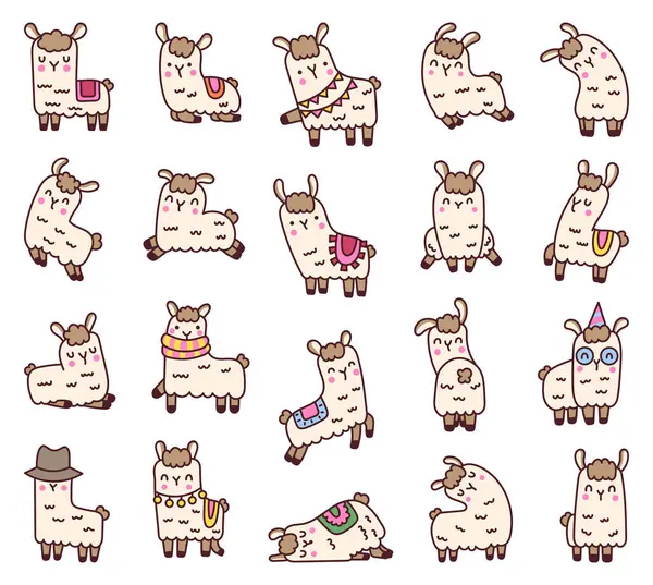Cute Kawaii Llama Alpaca Animals Cartoon Character Hand Drawn Style — Stock Vector