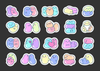 Şirin arkadaşlar kawaii tapyoka incileri. Etiket Yer İmi. Çizgi film karakterleri. El çizimi stili. Vektör çizimi. Tasarım elementlerinin koleksiyonu.