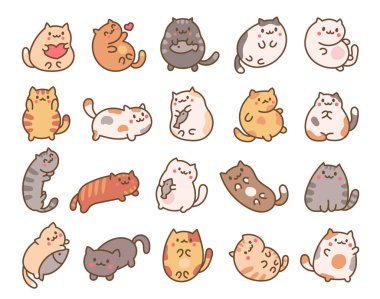 Cute kawaii little cat. Cartoon funny kitty, animals character. Hand drawn style. Vector drawing. Collection of design elements.