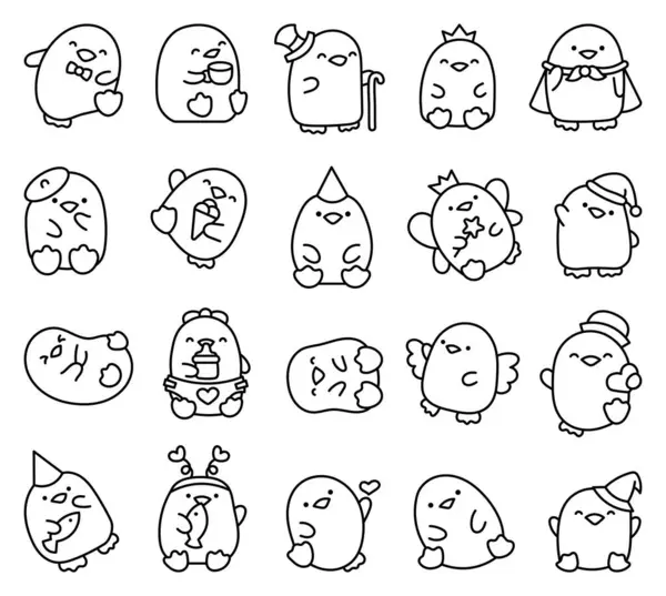 Cute Kawaii Penguin Coloring Page Beautiful Animals Cartoon Character Hand — Stok Vektör