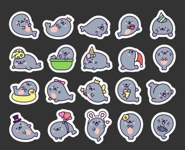 Şirin kawaii yavru fokları. Etiket Yer İmi. Komik çizgi film karakterleri Kuzey Kutbu ve Antarktika hayvanları. El çizimi stili. Vektör çizimi. Tasarım elementlerinin koleksiyonu.