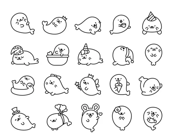 Roztomilé Kawaiské Tuleně Omalovánky Vtipné Kreslené Postavičky Arktických Antarktických Zvířat — Stockový vektor