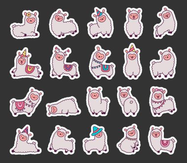 Şirin kawaii küçük lama. Etiket Yer İmi. Çizgi film komik alpaka, hayvan karakteri. El çizimi stili. Vektör çizimi. Tasarım elementlerinin koleksiyonu.