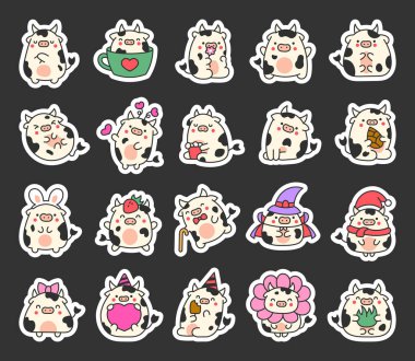 Şirin çizgi film kawaii ineği. Etiket Yer İmi. Hayvani komik karakterler. El çizimi stili. Vektör çizimi. Tasarım elementlerinin koleksiyonu.