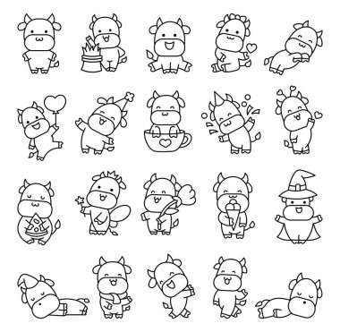 Güzel inek çizgi film karakteri. Boyama sayfası. Şirin kawaii çiftlik hayvanı. El çizimi stili. Vektör çizimi. Tasarım elementlerinin koleksiyonu.