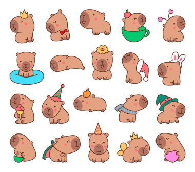 Tatlı çizgi film kawaii capybara. Hayvani komik karakterler. El çizimi stili. Vektör çizimi. Tasarım elementlerinin koleksiyonu.