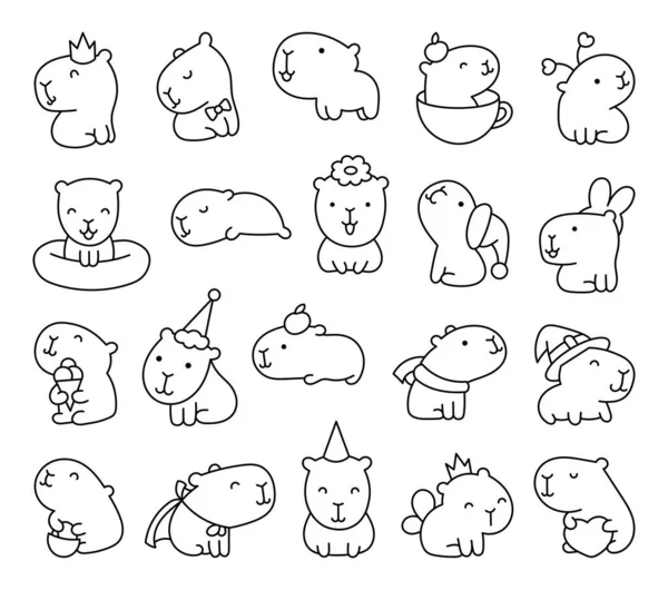 Linda Caricatura Kawaii Capybara Página Para Colorear Animales Personajes Divertidos — Vector de stock