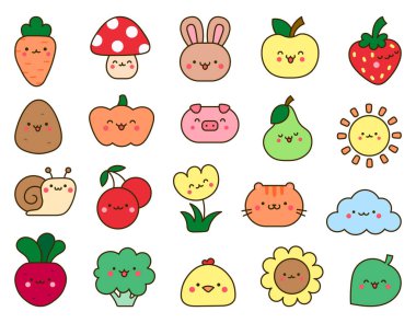 Kawaii çizgi film karakterleri. Şirin hayvanlar, doğa, sebzeler, meyveler, çiçekler. El çizimi stili. Vektör çizimi. Tasarım elementlerinin koleksiyonu.