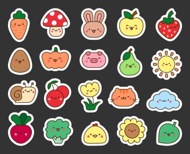 Kawaii çizgi film karakterleri. Etiket Yer İmi. Şirin hayvanlar, doğa, sebzeler, meyveler, çiçekler. El çizimi stili. Vektör çizimi. Tasarım elementlerinin koleksiyonu.