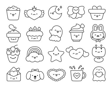 Çizgi film sevimli mutlu kawaii karakterleri. Boyama sayfası. Yaşam tarzı. El çizimi stili. Vektör çizimi. Tasarım elementlerinin koleksiyonu.