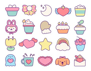 Mutlu bir yaşam tarzının güzel farklı unsurları ve karakterleri. El stili. Vektör çizimi. Tasarım Koleksiyonu.