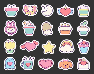 Mutlu bir yaşam tarzının güzel farklı unsurları ve karakterleri. Etiket Yer İmi. El stili. Vektör çizimi. Tasarım Koleksiyonu.