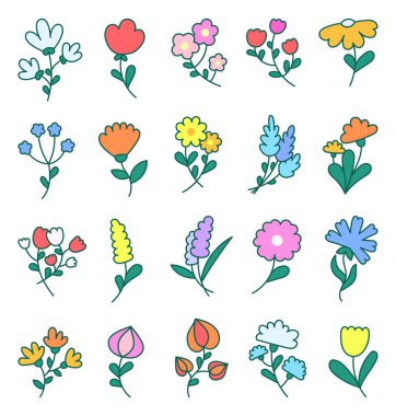 Yapraklı bahar çiçekleri. Botanik yaprağı. El çizimi stili. Vektör çizimi. Tasarım elementlerinin koleksiyonu.