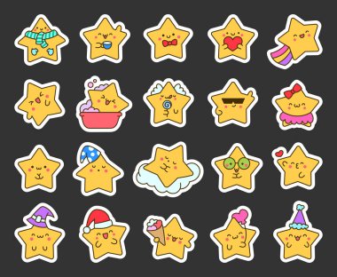 Şirin Kawaii, farklı mutlu ifade aktiviteleri olan bir karakter. Etiket Yer İmi. El çizimi stili. Vektör çizimi. Tasarım elementlerinin koleksiyonu.