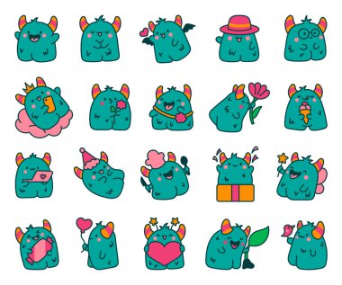 Komik kawaii canavar çizgi filmi. Sevimli fantastik karakter. El çizimi stili. Vektör çizimi. Tasarım elementlerinin koleksiyonu.