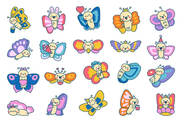 Sevimli Kawaii bebek kelebekleri. Kanatlı sevimli çizgi film böcekleri. El çizimi stili. Vektör çizimi. Tasarım elementlerinin koleksiyonu.