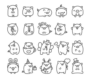 Şirin kawaii küçük domuz. Boyama sayfası. Güzel bir çizgi film karakteri gibi gülümsüyor. El çizimi stili. Vektör çizimi. Tasarım elementlerinin koleksiyonu.