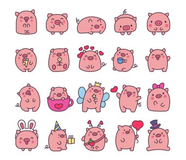Şirin kawaii küçük domuz. Güzel bir çizgi film karakteri gibi gülümsüyor. El çizimi stili. Vektör çizimi. Tasarım elementlerinin koleksiyonu.
