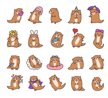 Tatlı çizgi film kawaii su samuru. Hayvani komik karakterler. El çizimi stili. Vektör çizimi. Tasarım elementlerinin koleksiyonu.