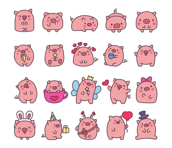 Şirin kawaii küçük domuz. Güzel bir çizgi film karakteri gibi gülümsüyor. El çizimi stili. Vektör çizimi. Tasarım elementlerinin koleksiyonu.