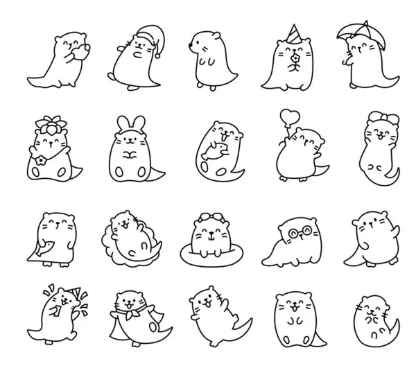 Leuke Tekenfilm Kawaii Otter Kleurplaat Dieren Grappige Karakters Handgetekende Stijl — Stockvector