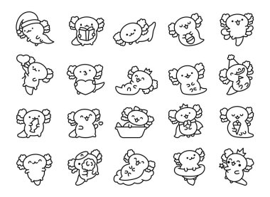 Şirin kawaii bebek axolotl. Boyama sayfası. Çizgi film komik hayvan karakteri. El çizimi stili. Vektör çizimi. Tasarım elementlerinin koleksiyonu.