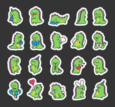 Şirin gülümseyen kawaii dinozoru. Etiket Yer İmi. Çizgi film komik dino karakterleri. El çizimi stili. Vektör çizimi. Tasarım elementlerinin koleksiyonu.