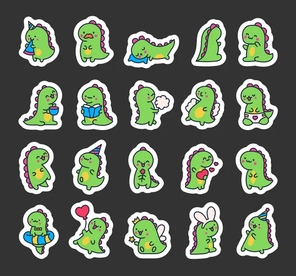 Niedlich Lächelnder Kawaii Dinosaurier Sticker Lesezeichen Vorhanden Lustige Dino Figuren — Stockvektor
