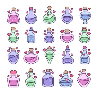 Aşk iksiri. Kalbi olan durdurulmuş cam ampul. Afrodizyak şişesi. Sevgililer Günü. El çizimi stili. Vektör çizimi. Tasarım elementlerinin koleksiyonu.