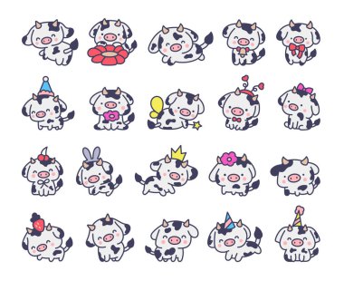 Şirin kawaii bebek inek. Farklı pozlarda çizgi filmlerdeki çiftlik hayvanı karakteri. El çizimi stili. Vektör çizimi. Tasarım elementlerinin koleksiyonu.