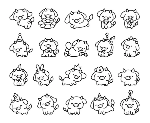Roztomilá Kawaiská Malá Kráva Omalovánky Kreslený Farmářský Zvířecí Charakter Různých — Stockový vektor
