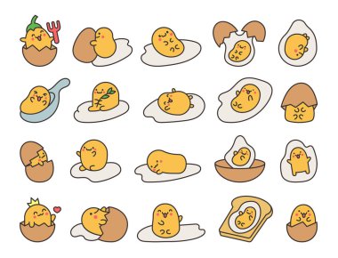 Komik yüzlü Kawaii sarısı. Kahvaltıda çizgi film karakteri. El çizimi stili. Vektör çizimi. Tasarım elementlerinin koleksiyonu.