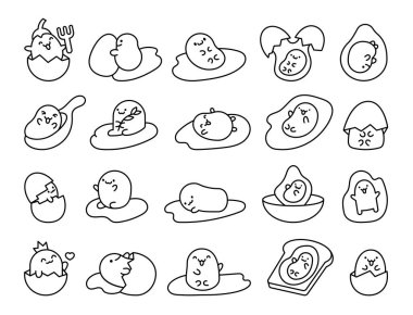 Komik yüzlü Kawaii sarısı. Boyama sayfası. Kahvaltıda çizgi film karakteri. El çizimi stili. Vektör çizimi. Tasarım elementlerinin koleksiyonu.