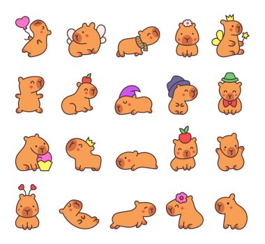 Kawaii mutlu Capybara. Sevimli çizgi film komik hayvan karakteri. El çizimi stili. Vektör çizimi. Tasarım elementlerinin koleksiyonu.