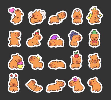 Kawaii mutlu Capybara. Etiket Yer İmi. Sevimli çizgi film komik hayvan karakteri. El çizimi stili. Vektör çizimi. Tasarım elementlerinin koleksiyonu.