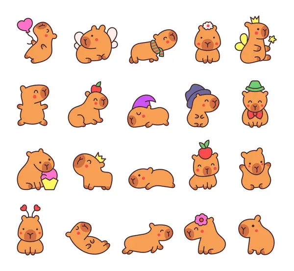 Kawaje Szczęśliwe Capybara Cute Postać Śmieszne Zwierzęta Kreskówki Ręcznie Rysowany — Wektor stockowy